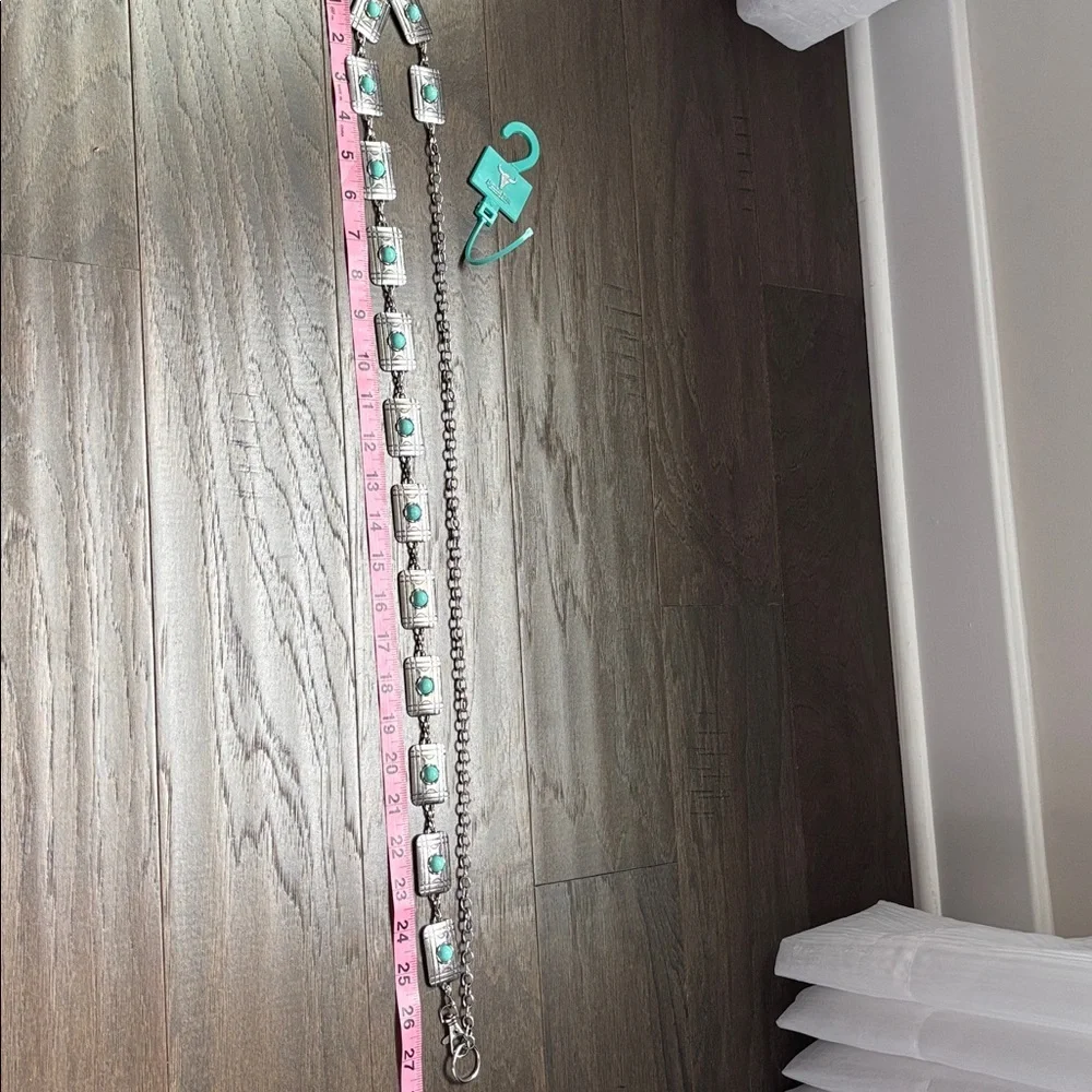 American Bison chain belt,silvertone rectangles w/ faux turquoise stones,trendy - Picture 3 of 5